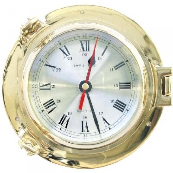 ProPassione Bullaugen-Uhr, Messing poliert, römisches Ziffernblatt, Quarzwerk, Maße: Ø 18 cm, ohne Batterie