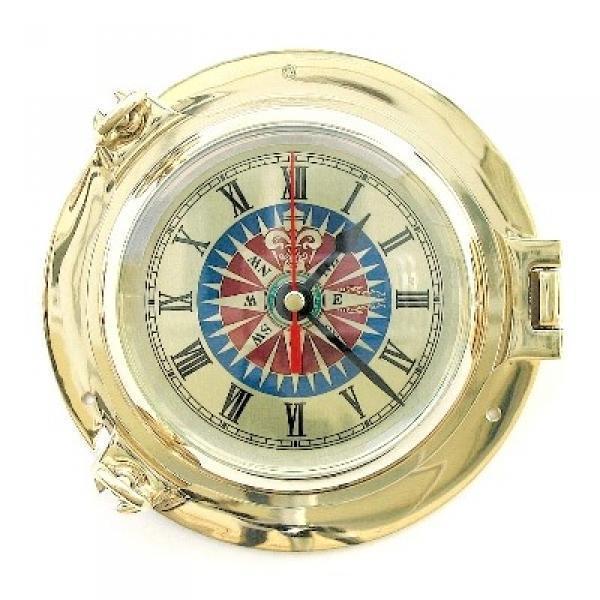 ProPassione Bullaugen-Uhr, Messing poliert, Windrosen-Ziffernblatt, Quarzwerk, Maße: Ø 14 cm, ohne Batterie