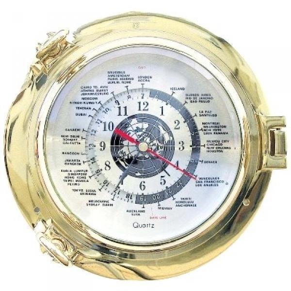 ProPassione Bullaugen-Weltzeit-Uhr, Messing poliert, Weltzeit-Ziffernblatt, Quarzwerk, Maße: Ø 22 cm, ohne Batterie