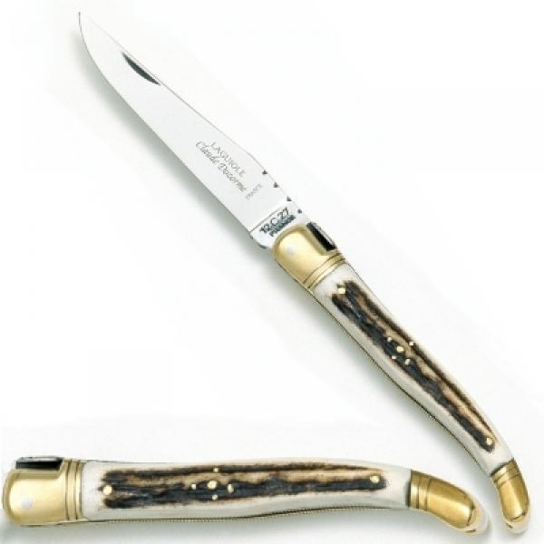 ProPassione Laguiole Taschenmesser, klassisch, Griffschalen Hirschhorn, Backen Messing poliert, Maße: Heft L 12 cm, Klin