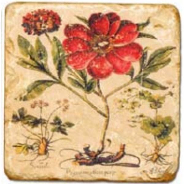 ProPassione Marmorfliese, Motiv: Rote Blumen B,  Antikfinish,  Aufhängeöse, Antirutschfüßchen, Maße: L 20 x B 20 x H 1 c