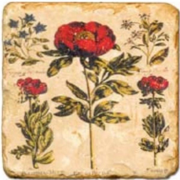 ProPassione Marmorfliese, Motiv: Rote Blumen D,  Antikfinish,  Aufhängeöse, Antirutschfüßchen, Maße: L 20 x B 20 x H 1 c
