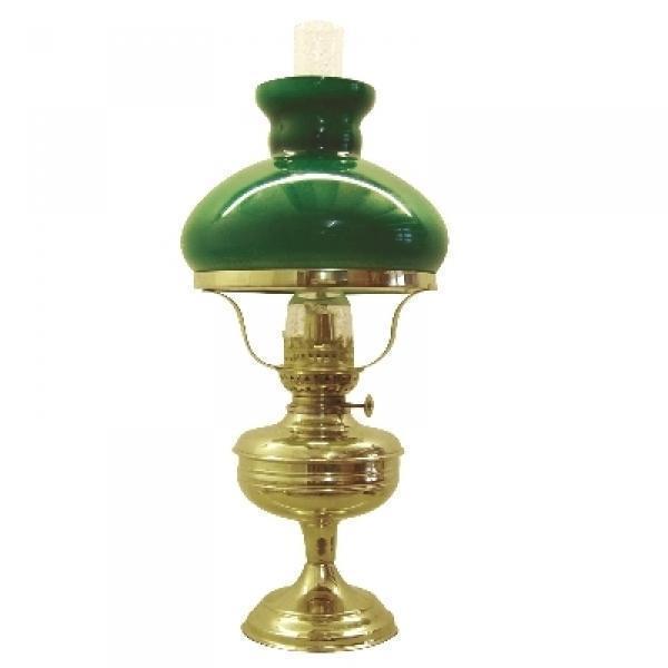 ProPassione Petroleum Tischlampe, klassisch, Messing, grüner Glasschirm u. Klarer Glaszylinder, H 49 x Ø 13/22 cm