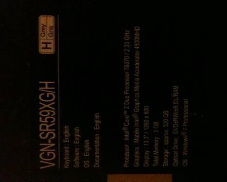 Sony VGN-SR59XG/H Notebook